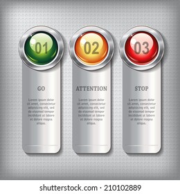 Set of metallic banners with round shiny buttons like a traffic lights on a metal textured  background for infographics, step presentation, workflow layout, website or app. Vector design.