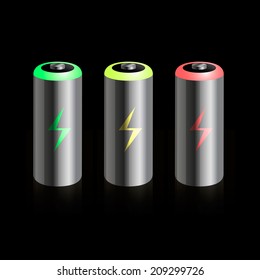 Set of metallic battery icons with three levels of charging and lightning symbol. Vector illustration, eps 10.