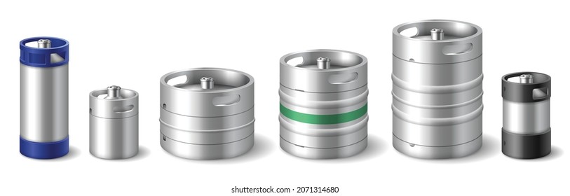 Conjunto de barriles de bebidas metálicas realistas para el transporte y almacenamiento de líquidos. Estanque de acero en blanco para embotellado o alcohol de entrega en taberna. Contenedor con conexión. 3.ª ilustración vectorial