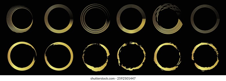 Set of metallic brushstroke circle frame collection with black background. Golden paint streaks, modern gold foil effect, shimmering brush, luxury grunge frame. Vector Illustration.