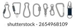 Set of metallic carabiners, clips and snap hooks for bags and keychains. Trendy modern vector illustration isolated on white background, hand drawn, flat design
