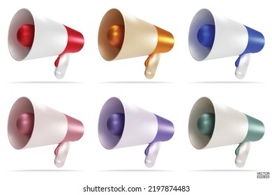 Set of Metallic color megaphone. Cartoon megaphone icons are isolated on white background. 3d megaphone speaker loudspeaker bullhorn for announcing the promotion. 3d vector illustration.