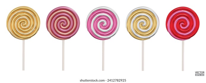 Set of metallic colorful sweet lollipops isolated on white background. 3d realistic, swirl, colored sugar candies on stick. Gold lollipop. 3D Vector illustration.