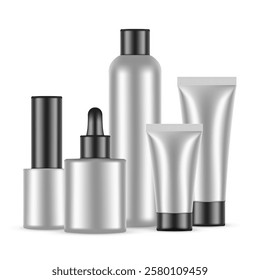 Set Of Metallic Cosmetic Bottles With Black Caps, Isolated On White Background. Vector Illustration