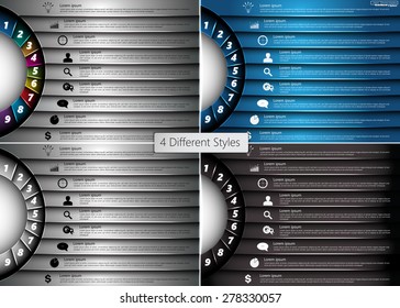 Set of Metallic Diagram Circle Design, 9 Options, 4 Different Styles, Semi-circle With Number,  Business Icon and Information Text Design On Metallic Multi-Color Background, Vector Illustration