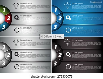 Set of Metallic Diagram Circle Design, 3 Options, 4 Different Styles, Semi-circle With Number,  Business Icon and Information Text Design On Metallic Multi-Color Background, Vector Illustration