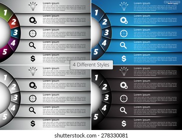 Set of Metallic Diagram Circle Design, 5 Options, 4 Different Styles, Semi-circle With Number,  Business Icon and Information Text Design On Metallic Multi-Color Background, Vector Illustration