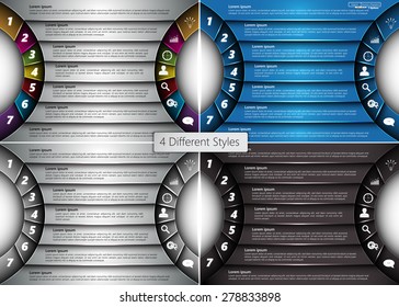 Set of Metallic Diagram Semi-circle Design, 7 Options, 4 Different Styles, 2 Side for Number and  Business Icon, Information Text Design On Metallic Multicolor Background, Vector Illustration