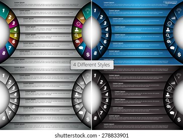 Set of Metallic Diagram Semi-circle Design, 8 Options, 4 Different Styles, 2 Side for Number and  Business Icon, Information Text Design On Metallic Multicolor Background, Vector Illustration