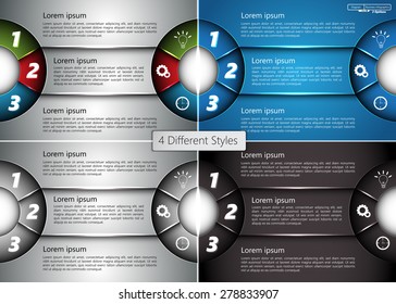 Set of Metallic Diagram Semi-circle Design, 3 Options, 4 Different Styles, 2 Side for Number and  Business Icon, Information Text Design On Metallic Multicolor Background, Vector Illustration