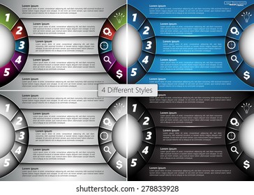 Set of Metallic Diagram Semi-circle Design, 5 Options, 4 Different Styles, 2 Side for Number and  Business Icon, Information Text Design On Metallic Multicolor Background, Vector Illustration