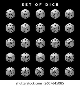 Set of Metallic Dice on Black Background - 3D Vector Illustration