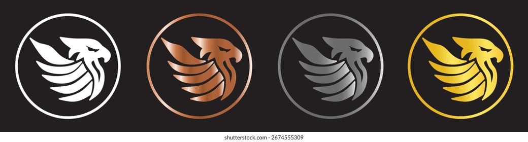 Set of metallic eagle logos in gold, silver, bronze, and white on dark background, perfect for branding, corporate identity, and professional design.
