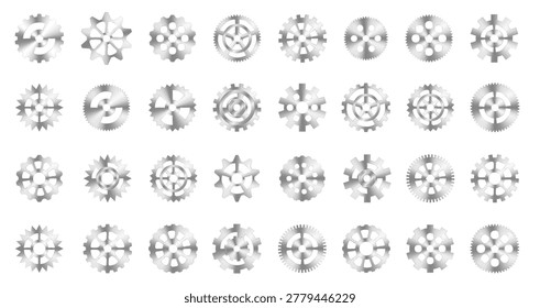 Set of metallic gear icons on a white background, featuring varied teeth, holes, and inner rings. Vector illustration