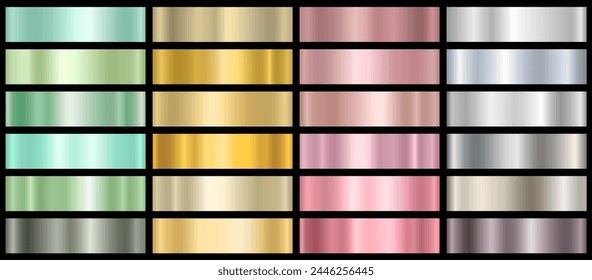 A set of metallic glossy gradients on a black background. The texture of a smooth metal surface. A combination of shades of metal and chrome. Vector illustration.