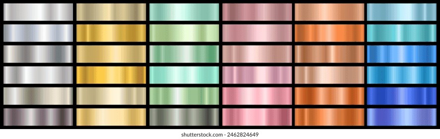 A set of metallic glossy gradients on a black background. The texture of a smooth metal surface. A collection of multicolored metallic gradients. Vector illustration.