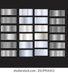 A set of metallic glossy gradients on a black background. The texture of a smooth metal surface. A collection of multicolored metallic gradients. Vector illustration.