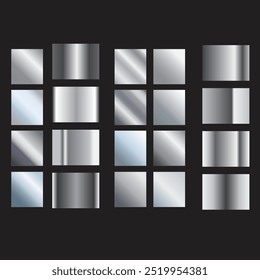 A set of metallic glossy gradients on a black background. The texture of a smooth metal surface. A collection of multicolored metallic gradients. Vector illustration.