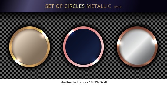 Conjunto de círculos de oro metálico sobre fondo transparente. Etiqueta y etiqueta de metal. Ilustración del vector