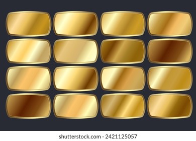 conjunto de gradientes metálicos de oro y botones de forma dorada, grupo de swatches de color oro de lujo sobre blanco aislado. Ilustración vectorial. Símbolo de forma dorado, botones premium