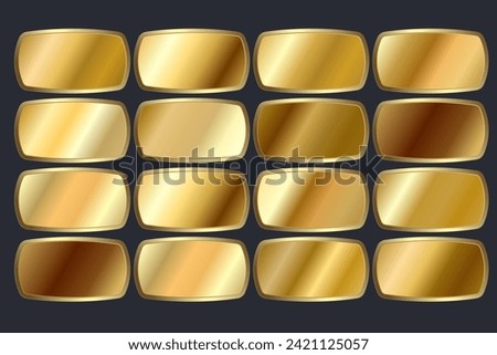 set of metallic gold gradients and Gold shape buttons, group of luxury gold color swatches on isolated white. Vector illustration. Gold shape symbol, premium buttons