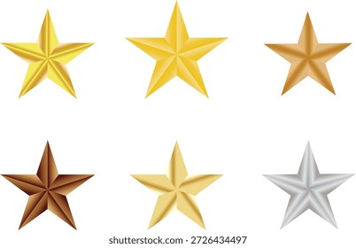 Conjunto de oro metálico y plata 3D estrellas iconos sobre fondo blanco. Colección de estrellas metálicas brillantes en acabados dorados, bronce y plateados. Símbolos decorativos de la estrella 3D aislados en el fondo blanco, ideal para clasificaciones, logros, premios, insignias, Elementos de la interfaz de usuario y proyectos de diseño festivos.