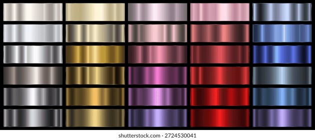 Un conjunto de Gradientes metálicos de diferentes colores sobre un fondo negro. Una colección de Gradientes de colores con textura metálica. Fondos abstractos brillantes pulidos. Vector 10.