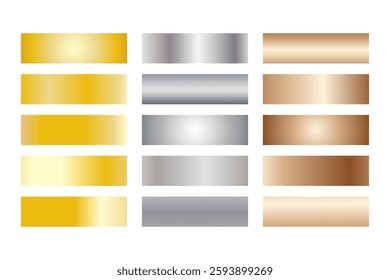 Set of metallic gradients, including gold, silver, and bronze, isolated on transparent background. Vector element set.