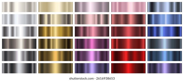 A set of metallic gradients on a white background. A collection of gradients of different colors. Metallic texture, shiny background. Vector EPS 10.