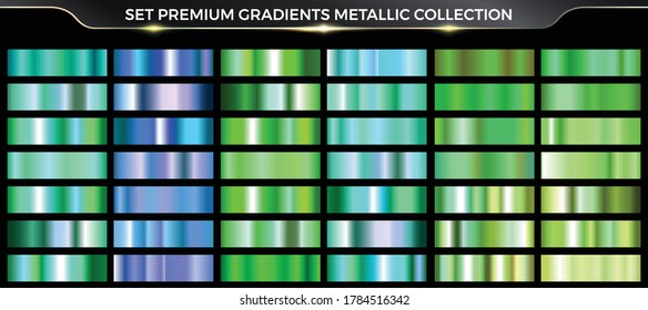 Set Metallic Green, Blue Farbverlauf Set Sammlung, Farbverlauf-Farbpalette und Textur. Holografische Hintergrundvorlage für Bildschirm, Handy, Banner, Label, Tag.