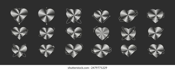 Set of metallic hearts with circles and sparkles in trendy retro y2k style. Vector illustration.