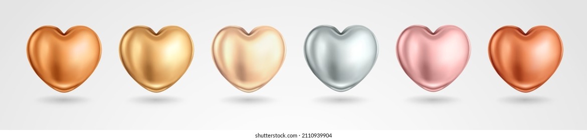 Set of metallic Hearts. Realistic vector illustration of shiny gloss hearts different colors isolated on white background. Symbol of love and Valentine's day