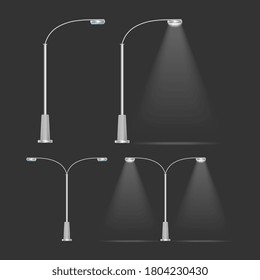 A set of Metallic lanterns that shine. Lamp post with realistic light. Vector.