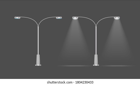 A set of Metallic lanterns that shine. Lamp post with realistic light. Vector.