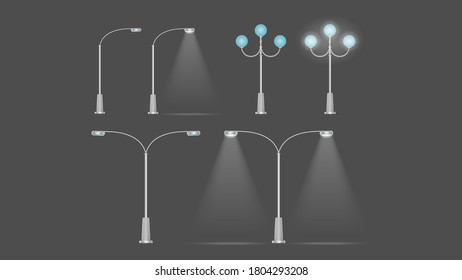 A set of Metallic lanterns that shine. Lamp post with realistic light. Vector.