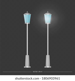 Un conjunto de linternas metálicas que brillan. Poste de la lámpara con luz realista. Vector.