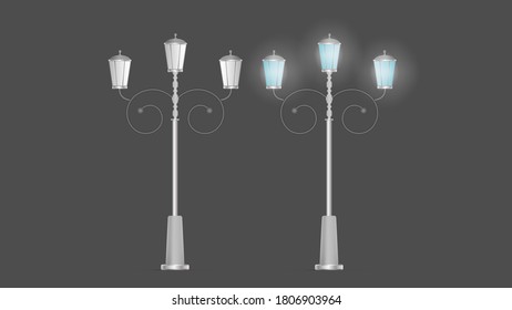 A set of Metallic lanterns that shine. Lamp post with realistic light. Vector.