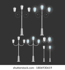 A set of Metallic lanterns that shine. Lamp post with realistic light. Vector.