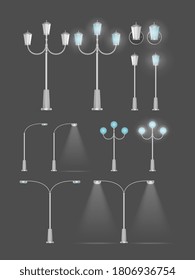 A set of Metallic lanterns that shine. Lamp post with realistic light. Vector.