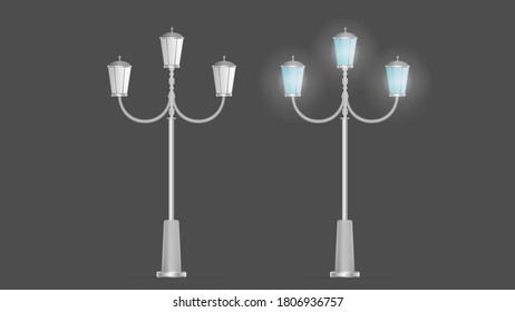 A set of Metallic lanterns that shine. Lamp post with realistic light. Vector.