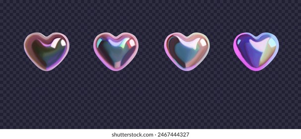 Conjunto de corazones 3d líquidos metálicos aislados sobre fondo transparente. Ilustración vectorial de símbolos de corazón de gradiente y2k