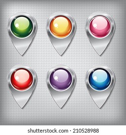 Set of metallic map pointers with colored shiny buttons on a metal textured  background for websites or applications (app) for smartphones and tablets.