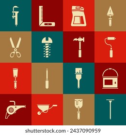 Set Metallic nail, Paint bucket, roller brush, Cement bag, screw, Scissors, Calliper caliper and scale and Claw hammer icon. Vector