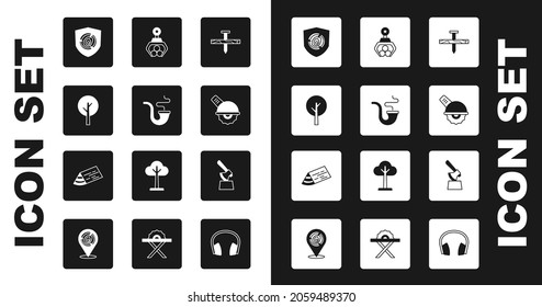 Set Metallic nail, Smoking pipe, Tree, Wooden logs, Electric circular saw, Grapple crane grabbed, axe stump and beam icon. Vector