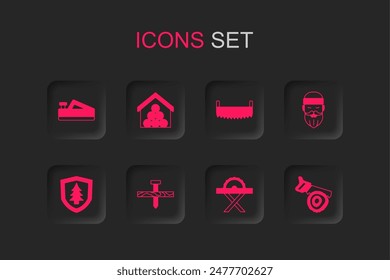 Set Metallic nail, Wooden logs, plane tool, Electric circular saw, Lumberjack, Hand and, Two-handed and Shield with tree icon. Vector