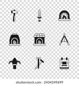 Set Metallic nails, Air blower bellows, Blacksmith anvil tool, oven, Hammer, Medieval sword and  icon. Vector