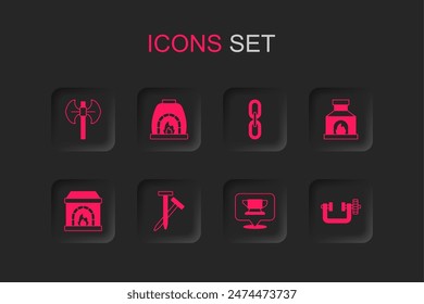 Juego de uñas metálicas, horno de herrero, pértiga medieval, herramienta de yunque, Abrazadera y tornillo, Enlace de cadena e ícono. Vector