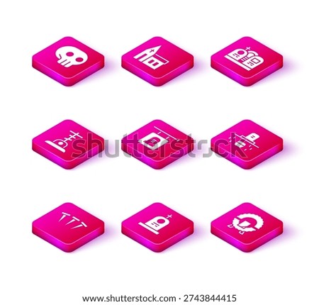 Set Metallic nails, Grave with tombstone, cross, Signboard, Memorial wreath, coffin,  and Church building icon. Vector