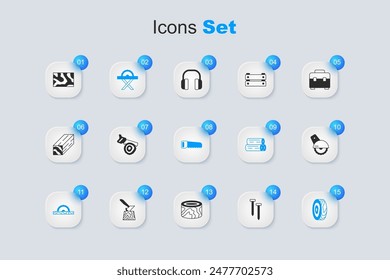 Set Metallic nails, Hand saw and log, Electric circular, Tree rings, Wooden beam and  icon. Vector