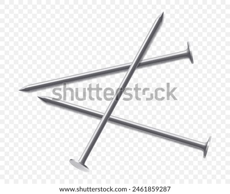 Set of metallic nails isolated on white background. Realistic 3d vector . Nails in different angles, isometric illustration. Industrial equipment or tool for joining, fixing or repairing.